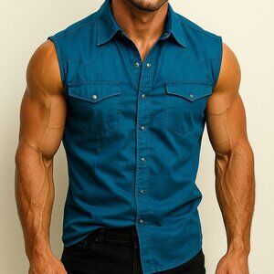 New Blue Western Button Front Sleeveless Top Cowboy Size XXL